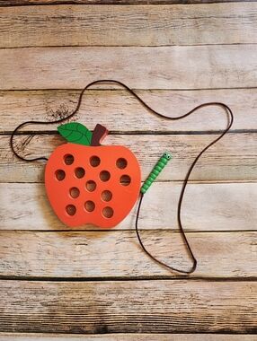 Montessori Wooden Apple Worm Lacing Toy